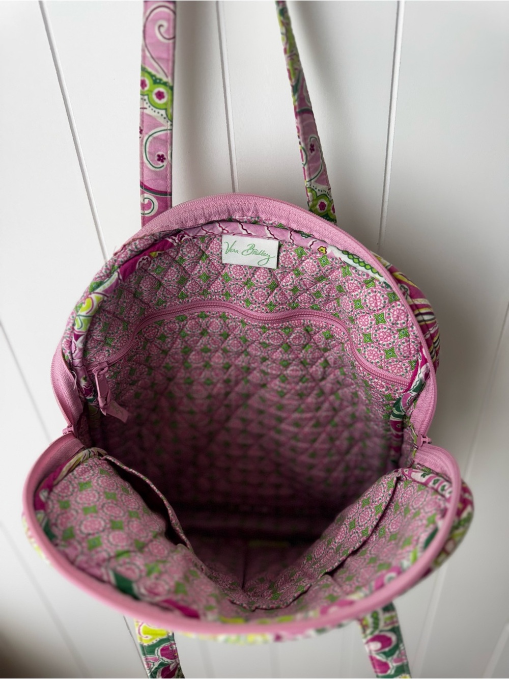 Vera Bradley Pink Green Zip Tall Tote Shoulder Bag Pinwheel Pink Retired - Picture 8 of 10